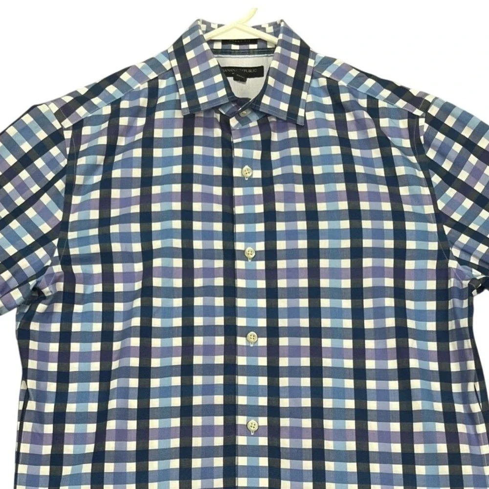 Banana Republic Blue White Check Plaid Dress Shirt Men Medium Grant Fit Non-Iron
